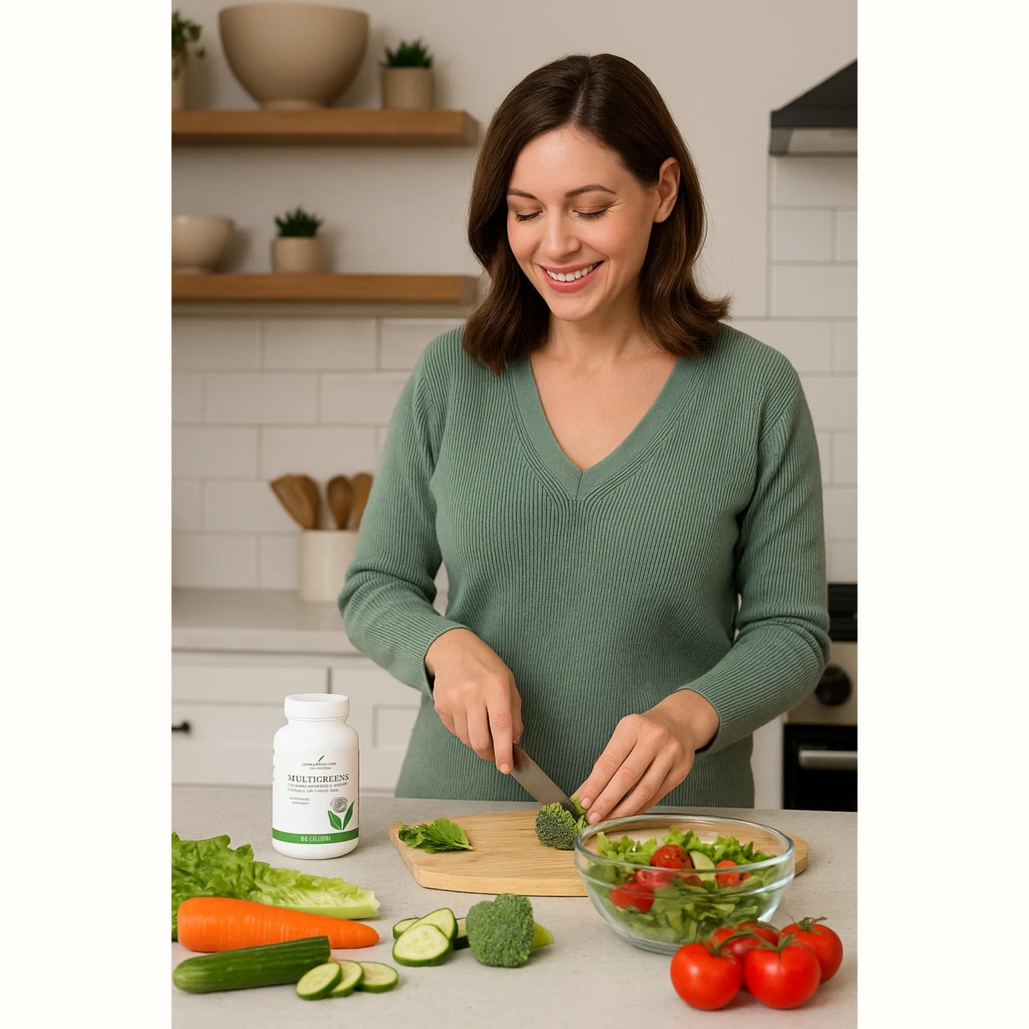 Vrouw bereidt een gezonde salade met Young Living MultiGreens op het aanrecht – natuurlijke detox en ondersteuning bij vermoeidheid, overspanning en bijnieruitputting.