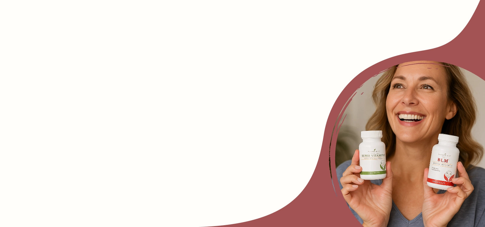 Banner met lachende vrouw die Super Vitamin D en BLM supplementen van Young Living vasthoudt – natuurlijke ondersteuning voor vitaliteit, immuunsysteem en gewrichten